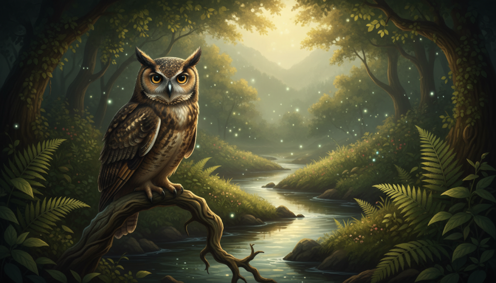 A serene, mystical scene depicting a wise animal spirit, representing intuition, within a tranquil natural setting. In the foreground, a majestic owl with deep, knowing eyes perches on a gnarled branch, symbolizing wisdom and guidance. The middle ground features a soft, flowing stream reflecting the dappled sunlight filtering through the lush, green foliage. Ethereal light inclusions create a magical atmosphere, enhancing a feeling of serenity. In the background, gentle hills fade into soft mist, suggesting spiritual depth. The color palette consists of rich greens, soft browns, and golden highlights, evoking calmness and introspection. The scene is bathed in warm, gentle lighting, conveying a peaceful, introspective mood that invites viewers to connect with their intuition. A serene, mystical scene depicting a wise animal spirit, representing intuition, within a tranquil natural setting. In the foreground, a majestic owl with deep, knowing eyes perches on a gnarled branch, symbolizing wisdom and guidance. The middle ground features a soft, flowing stream reflecting the dappled sunlight filtering through the lush, green foliage. Ethereal light inclusions create a magical atmosphere, enhancing a feeling of serenity. In the background, gentle hills fade into soft mist, suggesting spiritual depth. The color palette consists of rich greens, soft browns, and golden highlights, evoking calmness and introspection. The scene is bathed in warm, gentle lighting, conveying a peaceful, introspective mood that invites viewers to connect with their intuition.