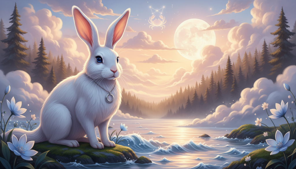 A serene, mystical scene featuring a wise rabbit symbolizing intuition, set against a soft, dreamlike landscape that embodies the essence of the Cancer zodiac sign. In the foreground, the rabbit sits gracefully, its eyes shimmering with wisdom, surrounded by delicate flowers and gentle waves of water reflecting a twilight sky. In the middle ground, ethereal, soft clouds float above, casting a warm, golden glow that enhances the rabbit's fur. The background reveals a tranquil moonlit forest, where the light of the full moon filters through the trees, creating a magical ambiance. The scene conveys a sense of peace and introspection, inviting the viewer to explore their inner wisdom and intuition. The overall atmosphere is calm and enchanting, evoking feelings of connection to nature and spirituality.