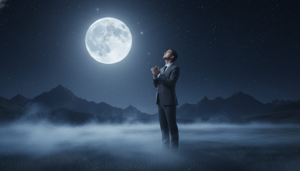 A serene night sky dominated by a luminous, full moon casting a soft glow over a tranquil landscape. In the foreground, a poised figure dressed in professional business attire stands thoughtfully, gazing up at the moon, symbolizing financial contemplation. Surrounding the figure, a gentle, ethereal mist rises from grassy fields, reflecting shades of silver and deep blue, enhancing the atmosphere of introspection. In the middle ground, a subtle silhouette of mountains is visible under the moonlight, suggesting stability and strength. The background retains a starry expanse, subtly blending into the darkness to evoke a sense of vast opportunity. The overall mood is calm, reflective, and focused, emphasizing the tranquil yet powerful influence of the moon on financial behavior. Soft, diffused lighting highlights the contours of the scene, creating a harmonious balance between light and shadow.