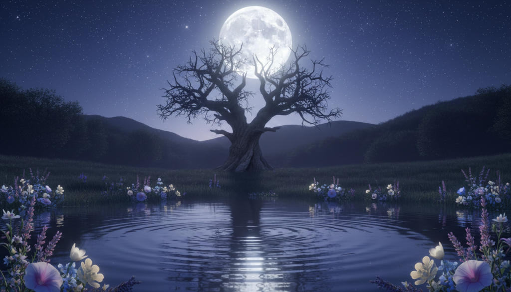 A serene night sky illuminated by a radiant full moon, casting a silvery glow over a tranquil landscape. In the foreground, a calm body of water reflects the moonlight, creating mesmerizing ripples. Delicate flowers in soft shades of lavender and white border the water's edge, adding a sense of tranquility. In the middle ground, an ancient tree stands tall, its branches reaching towards the moon, symbolizing strength and resilience. The background features softly rolling hills under a blanket of twinkling stars, enhancing the magical atmosphere. The scene is bathed in soft, ethereal lighting, evoking feelings of peace and spiritual energy. Capture the enchanting beauty of the moon phase, conveying the essence of ritual and protection. Opt for a wide-angle view to encompass the serenity and depth of the landscape.