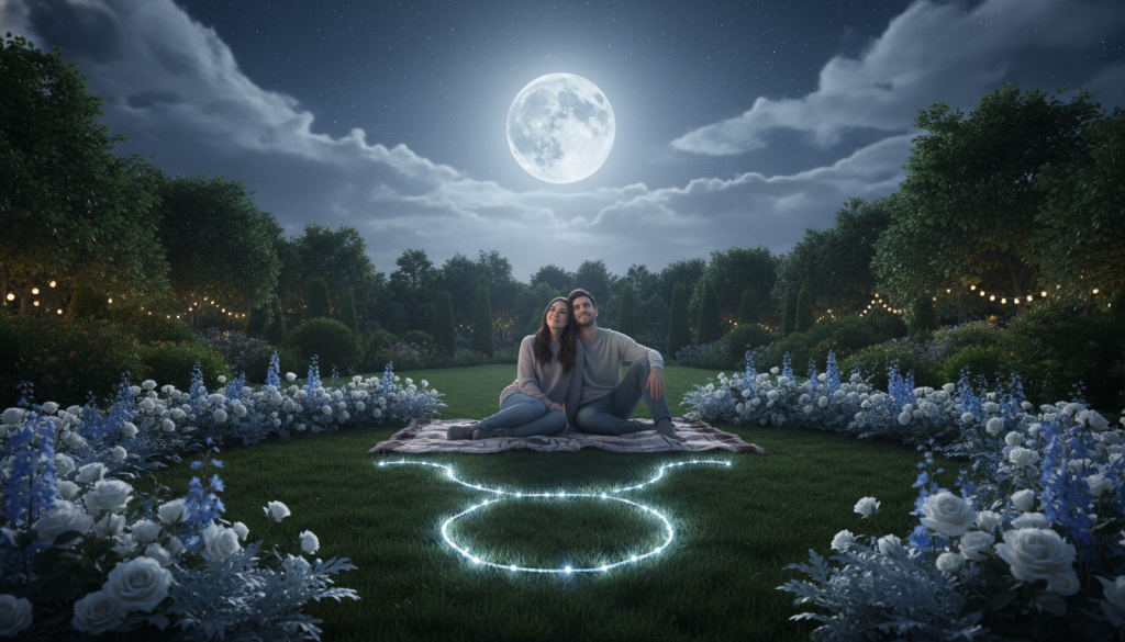A serene nighttime landscape featuring a radiant full moon casting soft silver light on a tranquil garden setting. In the foreground, a Taurus constellation is subtly integrated into a beautifully arranged flower bed, symbolizing love and emotional expression. The middle ground showcases a couple dressed in modest casual attire, seated on a blanket, gazing up at the moon, their expressions reflecting warmth and comfort. Ethereal, silvery clouds drift across the sky, enhancing the dreamy atmosphere. The background features lush greenery and starry skies, creating a harmonious connection between nature and celestial influences. Soft, warm lighting enhances the intimate mood, inviting a sense of emotional safety and connection under the moonlit night.
