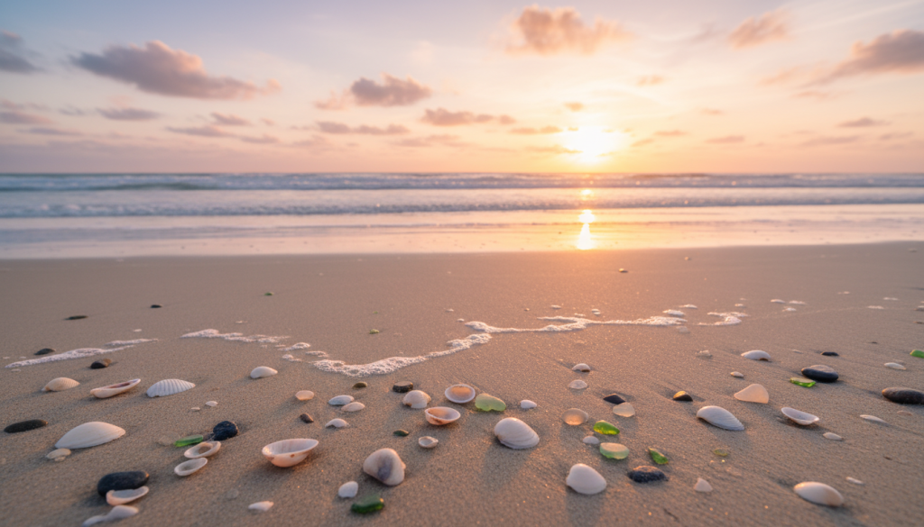 A serene ocean landscape that reflects the sensitivity of Pisces, showcasing soft waves gently lapping at the shore. In the foreground, delicate seashells and smooth pebbles are scattered on the sand, each capturing the glint of sunlight. The middle ground features a tranquil beach with gentle, muted colors—pale blues and soft greens—that evoke a sense of peace and introspection. In the background, a hazy horizon stretches into a gradient of pastel colors as the sun sets, casting a warm glow over the scene. The atmosphere is calm and dreamlike, with wisps of fluffy clouds drifting in a soft sky. The lighting should be warm and ambient, using a wide-angle perspective to capture the vastness of the ocean, inviting the viewer into a moment of reflection and emotional depth. A serene ocean landscape that reflects the sensitivity of Pisces, showcasing soft waves gently lapping at the shore. In the foreground, delicate seashells and smooth pebbles are scattered on the sand, each capturing the glint of sunlight. The middle ground features a tranquil beach with gentle, muted colors—pale blues and soft greens—that evoke a sense of peace and introspection. In the background, a hazy horizon stretches into a gradient of pastel colors as the sun sets, casting a warm glow over the scene. The atmosphere is calm and dreamlike, with wisps of fluffy clouds drifting in a soft sky. The lighting should be warm and ambient, using a wide-angle perspective to capture the vastness of the ocean, inviting the viewer into a moment of reflection and emotional depth.