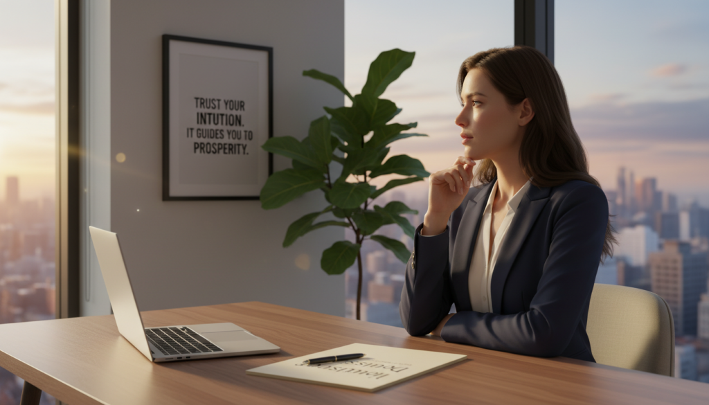 A serene office environment bathed in warm natural light, featuring a modern desk with a sleek laptop and a notepad filled with intuitive decision-making notes. In the foreground, a thoughtfully engaged businesswoman in professional attire is gazing out of a large window, lost in reflection, symbolizing the power of intuition in material decisions. The middle ground showcases a lush, green plant and an inspiring quote about intuition subtly framed on the wall. The background reveals a city skyline, with soft, inviting colors suggesting possibilities and wealth. The atmosphere is contemplative yet positive, emphasizing clarity and focus with a soft-focus effect on the edges, drawing attention to the subject's expression of introspection and strategic thinking.