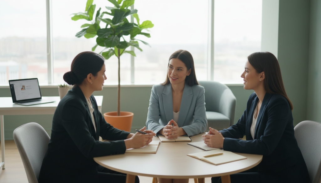 A serene office environment depicting effective emotional management at work. In the foreground, a diverse group of professionals—two women and one man—are engaged in a constructive discussion, showcasing empathy and collaboration. They are dressed in smart business attire, reflecting professionalism. In the middle ground, a large window lets in soft, natural light, illuminating a cozy indoor plant, adding a touch of calm to the setting. The background features a sleek modern desk adorned with a laptop and a notepad, symbolizing productivity. The atmosphere is tranquil and focused, with a warm color palette of soft greens and blues to evoke feelings of stability and balance, all while maintaining a professional and motivational vibe.