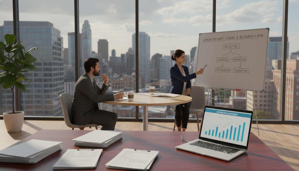 A serene office environment depicting efficient resource management, featuring a polished wooden desk in the foreground cluttered with neatly organized papers, a laptop displaying graphs, and a fresh plant for vitality. In the middle ground, a diverse group of two professionals dressed in smart business attire, engaged in a brainstorming session, reviewing a flowchart. The background reveals large windows allowing natural light to flood the room, casting soft shadows, and showcasing a cityscape that symbolizes stability and growth. The mood is focused and collaborative, with a feeling of purpose and clarity, enhancing the theme of understanding personal lessons and growth in resourcefulness. A serene office environment depicting efficient resource management, featuring a polished wooden desk in the foreground cluttered with neatly organized papers, a laptop displaying graphs, and a fresh plant for vitality. In the middle ground, a diverse group of two professionals dressed in smart business attire, engaged in a brainstorming session, reviewing a flowchart. The background reveals large windows allowing natural light to flood the room, casting soft shadows, and showcasing a cityscape that symbolizes stability and growth. The mood is focused and collaborative, with a feeling of purpose and clarity, enhancing the theme of understanding personal lessons and growth in resourcefulness.