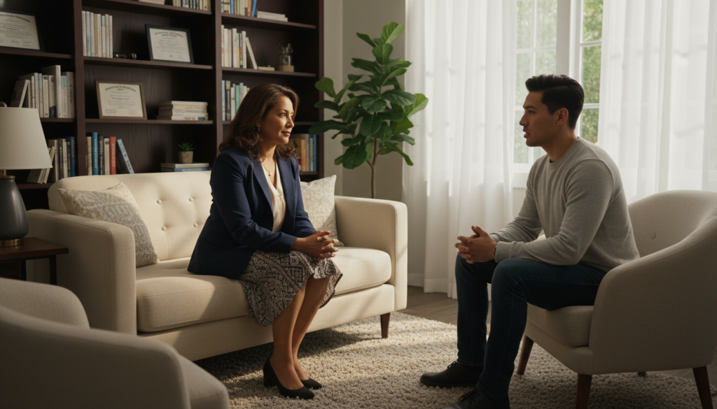 A serene office environment, featuring a comfortable therapy session setup with two individuals engaged in a conversation. In the foreground, a professional therapist, a middle-aged Hispanic woman in smart, stylish business attire, listens attentively to a young adult, a man with short black hair, dressed in a casual yet neat outfit. The warm lighting creates a calming atmosphere, with soft shadows enhancing the emotional depth of the scene. In the middle ground, a bookshelf filled with psychological literature and framed certificates on the wall indicate a professional space. The background shows a window with soft, natural light filtering through sheer curtains, suggesting a peaceful outside view. The overall mood is supportive and healing, emphasizing the importance of professional psychological guidance. A serene office environment, featuring a comfortable therapy session setup with two individuals engaged in a conversation. In the foreground, a professional therapist, a middle-aged Hispanic woman in smart, stylish business attire, listens attentively to a young adult, a man with short black hair, dressed in a casual yet neat outfit. The warm lighting creates a calming atmosphere, with soft shadows enhancing the emotional depth of the scene. In the middle ground, a bookshelf filled with psychological literature and framed certificates on the wall indicate a professional space. The background shows a window with soft, natural light filtering through sheer curtains, suggesting a peaceful outside view. The overall mood is supportive and healing, emphasizing the importance of professional psychological guidance.