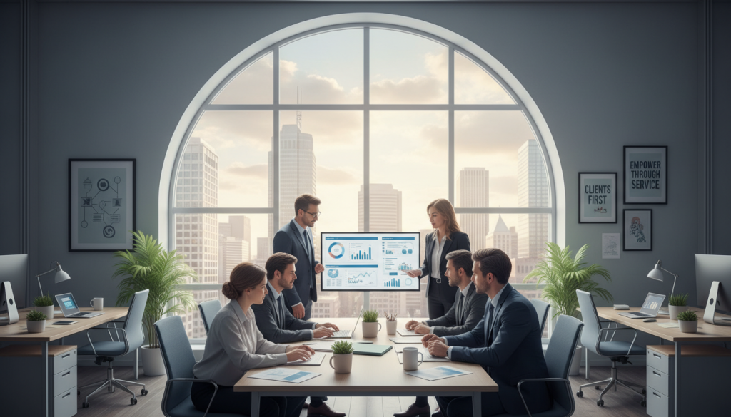 A serene office environment illustrating the concept of "service" as a vital driving force. In the foreground, a diverse group of professionals in smart business attire engages collaboratively, surrounded by charts and documents that reflect their goals. In the middle ground, a large window allows soft, natural light to stream in, illuminating a well-organized workspace with plants and motivational artwork. The background features a city skyline, symbolizing ambition and opportunities. The atmosphere is focused and inspiring, conveying a sense of teamwork and dedication to service. The composition should emphasize harmony and professionalism, with a balanced color palette of cool blues and warm greys to enhance the motivational tone of the scene.
