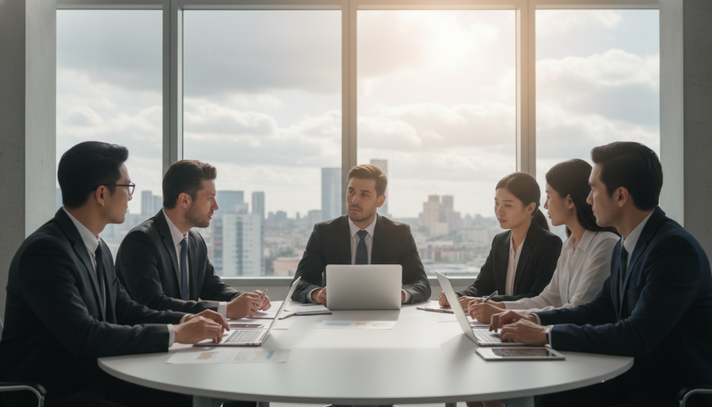 A serene office environment reflecting the theme of change management. In the foreground, a diverse group of professionals, dressed in smart business attire, engage in a thoughtful discussion at a round table, papers and digital devices scattered around. The middle showcases a large window through which natural light pours in, illuminating their expressions of focus and concern. Behind them, a modern city skyline looms, partially veiled by clouds, symbolizing uncertainty and the challenges of change. The atmosphere conveys a mixture of tension and hope, infused with warm lighting that softens the overall mood. The angle captures both the intensity of the discussion and the vastness of the outside world, evoking a sense of navigating through complexity and transformation. A serene office environment reflecting the theme of change management. In the foreground, a diverse group of professionals, dressed in smart business attire, engage in a thoughtful discussion at a round table, papers and digital devices scattered around. The middle showcases a large window through which natural light pours in, illuminating their expressions of focus and concern. Behind them, a modern city skyline looms, partially veiled by clouds, symbolizing uncertainty and the challenges of change. The atmosphere conveys a mixture of tension and hope, infused with warm lighting that softens the overall mood. The angle captures both the intensity of the discussion and the vastness of the outside world, evoking a sense of navigating through complexity and transformation.