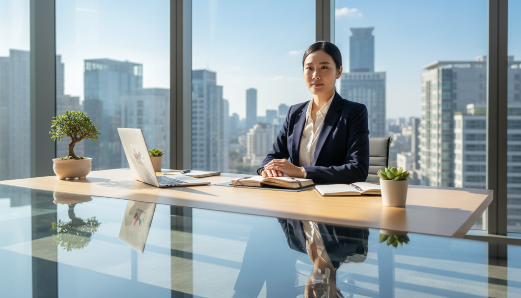 A serene office environment with a modern design, showcasing a professional individual in business attire, seated at a sleek desk. The foreground features a clear glass surface reflecting natural light, symbolizing clarity. In the middle ground, a well-organized workspace is filled with open notebooks, a laptop, and calming greenery, like small potted plants. Soft, diffused sunlight filters in through large windows, casting gentle shadows and creating a tranquil atmosphere. The background shows a panoramic view of a city skyline, with bright blue skies to enhance the feeling of clarity and focus. The overall mood is one of calmness, inspiration, and mental clarity, inviting viewers to appreciate the importance of a clear mind in professional success.