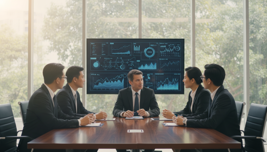 A serene office setting illuminated by soft, natural light streaming through large windows. In the foreground, a diverse group of professionals, dressed in smart business attire, sit around a polished wooden table, engaging in deep conversation and analysis. Their expressions convey a mix of contemplation and insight, symbolizing the power of intuition in decision-making. In the middle ground, a large digital screen displays intricate charts and graphs, suggesting ongoing discussions about economic trends. The background features lush greenery visible through the windows, contrasting the sleek, modern office design. The atmosphere is one of focus and creativity, with a warm color palette that invokes trust and collaboration. A slight lens flare enhances the optimism and clarity of thought essential in utilizing intuition for making informed choices.