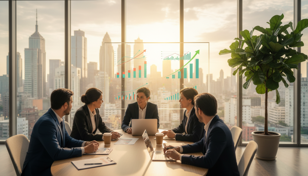 A serene office setting symbolizing financial stability. In the foreground, a diverse group of professionals in business attire, engaged in a discussion, surrounded by charts and graphs illustrating positive financial trends. In the middle ground, a large window reveals a thriving cityscape, bathed in warm, golden sunlight that symbolizes prosperity. Encompassing the background is a lush green plant, representing growth and stability. The overall lighting is soft yet bright, conveying a hopeful atmosphere. The camera angle is slightly elevated, showcasing the professionals' focused expressions and the vibrant office environment. The mood is collaborative, optimistic, and focused on achieving financial success, with a hint of natural warmth from the sunlight.
