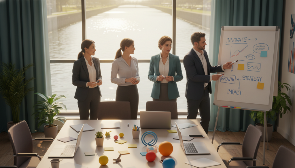 A serene office space designed for productivity, featuring a large window overlooking a tranquil canal. In the foreground, a diverse group of professional individuals, dressed in smart business attire, are engaged in a dynamic brainstorming session, drawing ideas on a whiteboard. In the middle ground, a sleek table is scattered with notebooks, laptops, and vibrant visual aids that symbolize energy and ambition. In the background, the calming canal reflects soft sunlight, enhancing the atmosphere of focus and creativity. The lighting is bright and warm, casting soft shadows that create an inviting mood. Capture this moment from a slightly elevated angle to emphasize the collaboration and the inspiring view beyond.