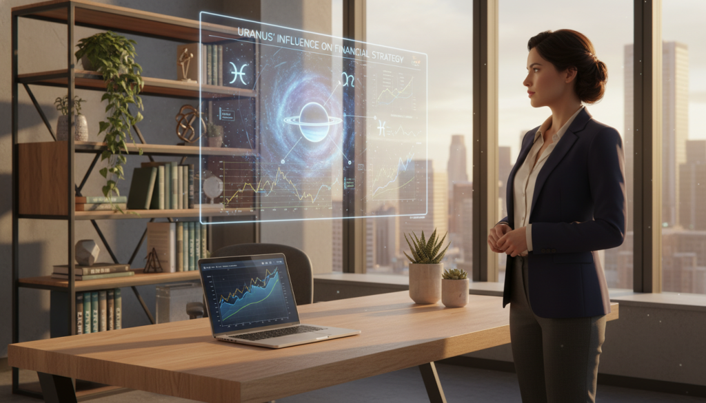 A serene office space showcasing a modern financial analyst's desk, with a laptop open to vibrant charts and graphs depicting investments and resource management. In the foreground, a professional figure in smart business attire intently analyzes a projection screen displaying the astrological influence of Uranus on financial strategies. The middle layer highlights a contemporary bookshelf filled with finance books and plants, creating an inviting atmosphere. The background reveals a large window overlooking a city skyline, with warm sunlight filtering through, casting a glow across the room. This setting conveys a harmonious blend of professionalism and insightful financial analysis, embodying the theme of careful resource management under astrological guidance.