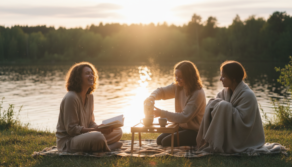 A serene outdoor scene depicting a group of three friends sharing quality time by a calm lake, capturing the emotional essence of Water signs. In the foreground, one person sits cross-legged on a picnic blanket, laughing and enjoying a book. In the middle, another friend pours tea from a thermos into cups, while the third hugs their knees, gazing affectionately at the others. The background features lush greenery, gentle waves on the water, and a softly glowing sunset that casts warm, golden light on the scene. Use a wide-angle lens to capture the intimacy of this moment, allowing the soft bokeh effect to emphasize the warmth and emotional connection among friends. The overall mood should evoke peace, love, and companionship. A serene outdoor scene depicting a group of three friends sharing quality time by a calm lake, capturing the emotional essence of Water signs. In the foreground, one person sits cross-legged on a picnic blanket, laughing and enjoying a book. In the middle, another friend pours tea from a thermos into cups, while the third hugs their knees, gazing affectionately at the others. The background features lush greenery, gentle waves on the water, and a softly glowing sunset that casts warm, golden light on the scene. Use a wide-angle lens to capture the intimacy of this moment, allowing the soft bokeh effect to emphasize the warmth and emotional connection among friends. The overall mood should evoke peace, love, and companionship.