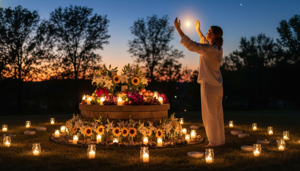 A serene outdoor setting at dusk, featuring a circular altar adorned with fresh flowers, fruits, and candles representing abundance. In the foreground, a person, dressed in modest casual attire, stands with their hands raised, radiating positive energy. The middle ground includes shimmering candles and offerings, while the background features softly blurred trees and a twilight sky transitioning from orange to deep blue, creating a peaceful atmosphere. The scene is illuminated by warm, flickering candlelight that casts gentle shadows, enhancing a sense of tranquility and focus on manifestation. The overall mood conveys a harmonious connection with nature, ideal for a ritual of abundance, inviting viewers to feel inspired and uplifted. A serene outdoor setting at dusk, featuring a circular altar adorned with fresh flowers, fruits, and candles representing abundance. In the foreground, a person, dressed in modest casual attire, stands with their hands raised, radiating positive energy. The middle ground includes shimmering candles and offerings, while the background features softly blurred trees and a twilight sky transitioning from orange to deep blue, creating a peaceful atmosphere. The scene is illuminated by warm, flickering candlelight that casts gentle shadows, enhancing a sense of tranquility and focus on manifestation. The overall mood conveys a harmonious connection with nature, ideal for a ritual of abundance, inviting viewers to feel inspired and uplifted.