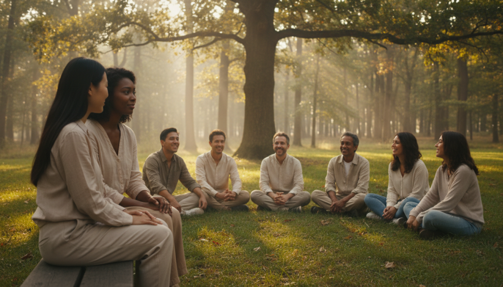 A serene outdoor setting depicting a diverse group of individuals engaged in a supportive and nurturing conversation. In the foreground, two women, one of Asian descent and another of African descent, are sharing a heartfelt moment, conveying empathy through their expressions. The middle ground features a small circle of people, showcasing a mix of ages and backgrounds, all dressed in modest casual attire, sitting together on soft grass, laughing and listening intently. The background includes lush trees softly illuminated by warm, golden sunlight filtering through the leaves, creating a peaceful and inviting atmosphere. The overall mood is one of warmth, connection, and emotional healing, emphasizing the importance of social bonds in recovery. The image captures a sense of tranquility, camaraderie, and support.