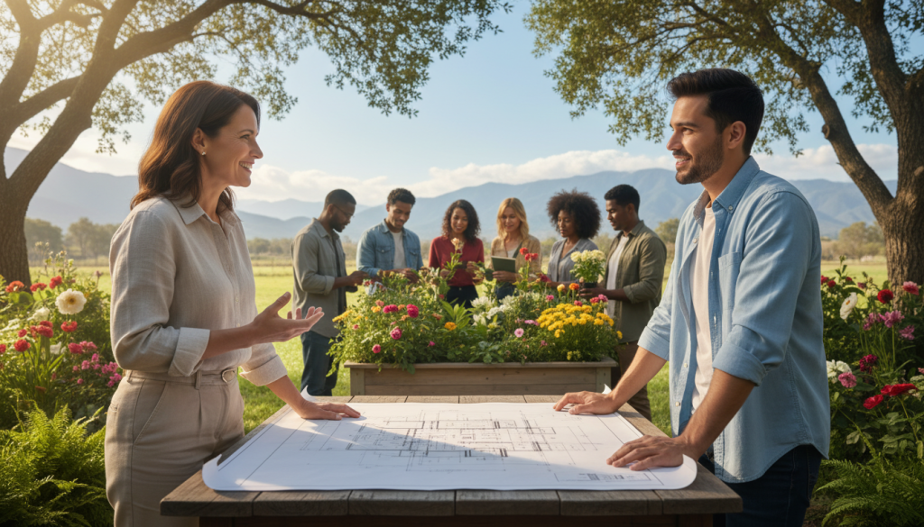 A serene outdoor setting showcasing a diverse group of professionals engaging in meaningful discussions and activities that promote long-term prosperity through experiences. In the foreground, a middle-aged woman in modest business attire shares ideas with a young man in a light, casual shirt, both showing enthusiasm as they explore a creative project. The middle layer features a small gathering of people enjoying a workshop, surrounding a lush garden area with vibrant flowers and greenery, symbolizing growth. In the background, distant mountains under a clear blue sky create an inviting atmosphere. Gentle sunlight filters through the leaves, casting a warm glow, suggesting optimism and possibility for the future. The mood is collaborative and inspiring, highlighting the value of investing in experiences.