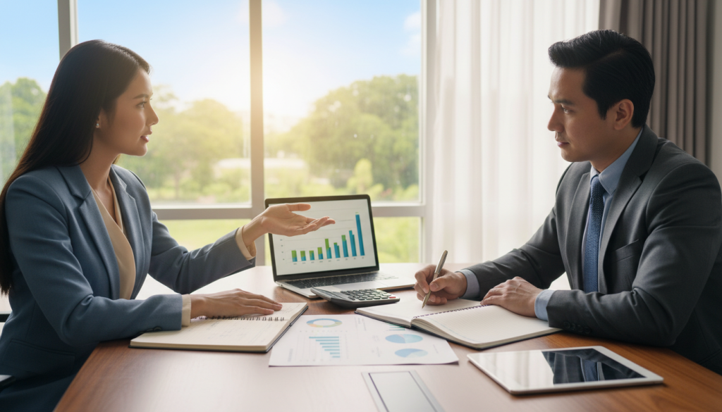 A serene, professional setting depicting a calm financial discussion between two individuals. In the foreground, a confident woman in modest business attire gestures as she explains a budget, while a thoughtful man in a tailored suit listens attentively, taking notes. The middle ground features a sleek wooden table with open notebooks, a laptop displaying graphs, and a calculator, symbolizing active financial management. In the background, a soft-focused window reveals a sunny outdoor scene, suggesting openness and positivity. Warm, natural lighting fills the room, creating a welcoming atmosphere. The overall mood is collaborative and supportive, emphasizing the balance between generosity and economic boundaries in a partnership. A serene, professional setting depicting a calm financial discussion between two individuals. In the foreground, a confident woman in modest business attire gestures as she explains a budget, while a thoughtful man in a tailored suit listens attentively, taking notes. The middle ground features a sleek wooden table with open notebooks, a laptop displaying graphs, and a calculator, symbolizing active financial management. In the background, a soft-focused window reveals a sunny outdoor scene, suggesting openness and positivity. Warm, natural lighting fills the room, creating a welcoming atmosphere. The overall mood is collaborative and supportive, emphasizing the balance between generosity and economic boundaries in a partnership.