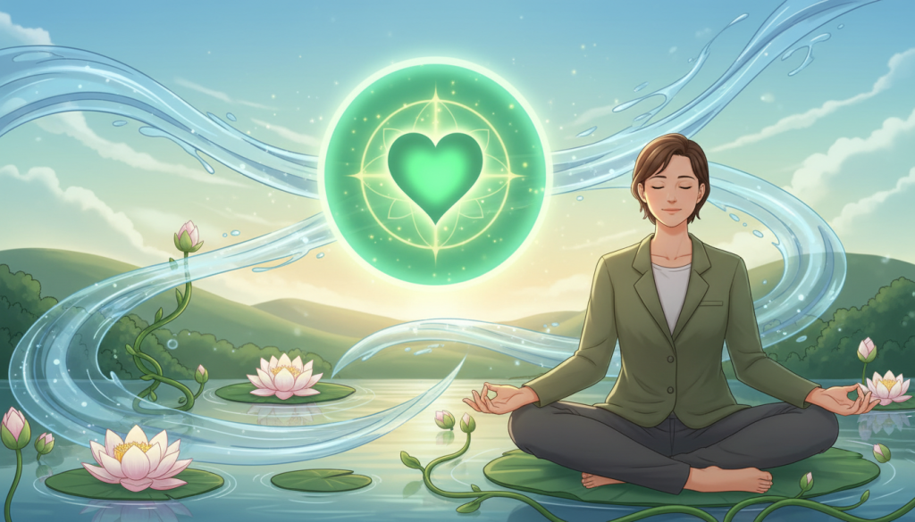 A serene representation of the heart chakra, depicted as a vibrant green energy center radiating light, surrounded by flowing emotional waves symbolizing the release of blockages. In the foreground, a meditative figure dressed in modest, professional attire sits cross-legged, eyes gently closed, embodying tranquility and inner strength. The figure is gently illuminated by soft, ethereal light that highlights their peaceful expression. In the middle ground, various symbolic elements like lotus flowers and flowing water represent healing and growth. The background features a tranquil landscape with soft hills and a clear sky, enhancing the uplifting and calming atmosphere. The overall mood is one of balance, healing, and emotional release, emphasizing the importance of overcoming emotional blockages associated with the heart chakra. A serene representation of the heart chakra, depicted as a vibrant green energy center radiating light, surrounded by flowing emotional waves symbolizing the release of blockages. In the foreground, a meditative figure dressed in modest, professional attire sits cross-legged, eyes gently closed, embodying tranquility and inner strength. The figure is gently illuminated by soft, ethereal light that highlights their peaceful expression. In the middle ground, various symbolic elements like lotus flowers and flowing water represent healing and growth. The background features a tranquil landscape with soft hills and a clear sky, enhancing the uplifting and calming atmosphere. The overall mood is one of balance, healing, and emotional release, emphasizing the importance of overcoming emotional blockages associated with the heart chakra.
