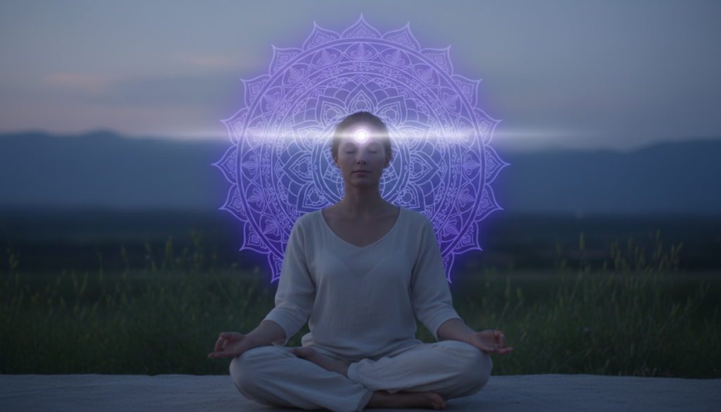 A serene representation of the "third eye" chakra, prominently featuring a vivid indigo and violet mandala symbol, imbued with intricate patterns symbolizing spiritual insight. In the foreground, a meditative figure seated in a cross-legged position, dressed in modest, flowing attire, eyes closed, radiating calmness and harmony. The middle layer showcases softly glowing orbs of light emitting from the chakra point on the forehead, illuminating the figure’s face with a gentle, ethereal glow. In the background, a tranquil setting of softly blurred, lush greenery and distant mountains under a twilight sky, creating an atmosphere of peace and balance. Soft, diffused lighting casts a warm glow, accentuating the spiritual essence of the scene, evoking a feeling of tranquility and inner reflection.