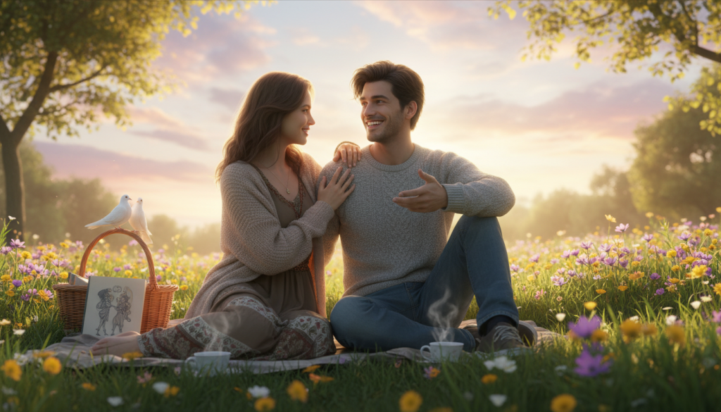 A serene, romantic scene capturing the essence of Gemini in love, featuring a couple sitting in a tranquil park setting at sunset. The man and woman, both dressed in cozy, stylish casual clothing, are engaged in a cheerful conversation, their expressions radiating warmth and joy. In the foreground, lush green grass transitions to blooming wildflowers, symbolizing the lively nature of Gemini. The middle ground showcases the couple surrounded by soft, golden light reflecting off gentle trees, creating a dreamlike atmosphere. The background highlights a colorful sunset with pink and orange hues blending in the sky, casting a magical glow over the entire scene. The mood is playful and affectionate, emphasizing deep emotional connection and communication between the two lovers.