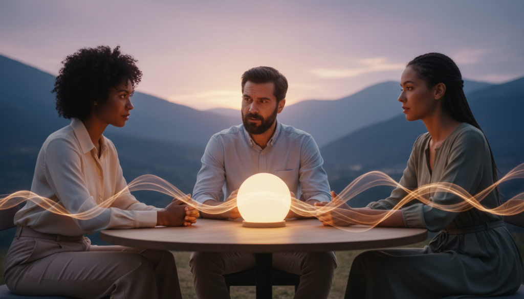 A serene scene capturing the essence of transcending the superficial. In the foreground, a diverse group of three individuals dressed in modest professional attire, engaged in a deep discussion, their expressions reflecting curiosity and enlightenment. The middle layer features a softly glowing orb, symbolizing deeper wisdom, surrounded by gentle, flowing waves of ethereal light that cascade between the individuals. The background is a tranquil landscape with blurred outlines of mountains and a soft twilight sky, enhancing a meditative atmosphere. Use warm, ambient lighting to create an inviting warmth that accentuates the individuals' features. The overall mood is reflective and harmonious, inviting viewers to contemplate the deeper lessons of existence.