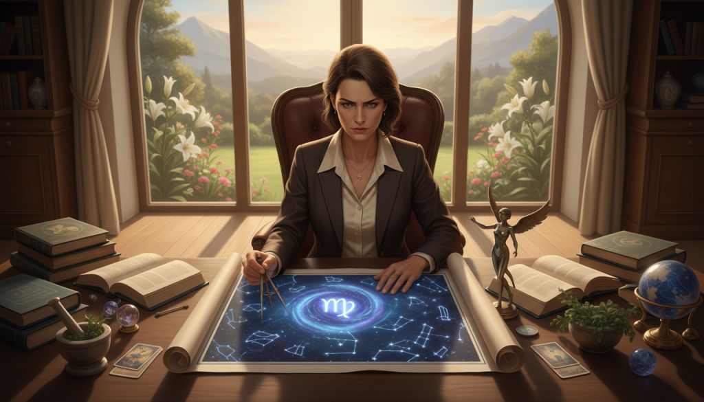 A serene scene depicting a Virgo archetype in a tranquil office space, contemplating a celestial map filled with constellations. In the foreground, a focused individual, dressed in smart casual attire, examines the map with a thoughtful expression, symbolizing the mental rigidity they are urged to overcome. The middle ground showcases books and astrological symbols spread across a desk, reinforcing the theme of learning and introspection. The background features a large window with soft sunlight streaming in, casting gentle shadows, creating a calming atmosphere. The mood is reflective and inspiring, inviting viewers to connect with the journey of growth and understanding. Use natural light to evoke warmth, shot from a slightly elevated angle for depth.