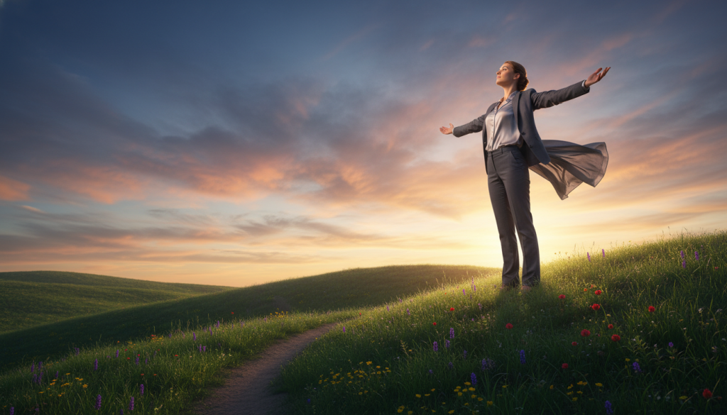 A serene scene depicting a confident individual standing on a hilltop at dawn, symbolizing intuition and personal confidence. The foreground features a young adult in professional business attire, arms outstretched, basking in the soft golden light of the rising sun. The middle ground shows gently rolling hills covered in lush green grass, with a hint of colorful wildflowers. In the background, a vibrant sky transitions from deep blue to warm orange and pink hues, suggesting a new beginning. The atmosphere is calm and empowering, evoking a sense of clarity and self-assurance. The shot is taken from a low angle to emphasize the subject’s stature against the expansive sky, with soft, diffused lighting highlighting their face and expression of calm determination.