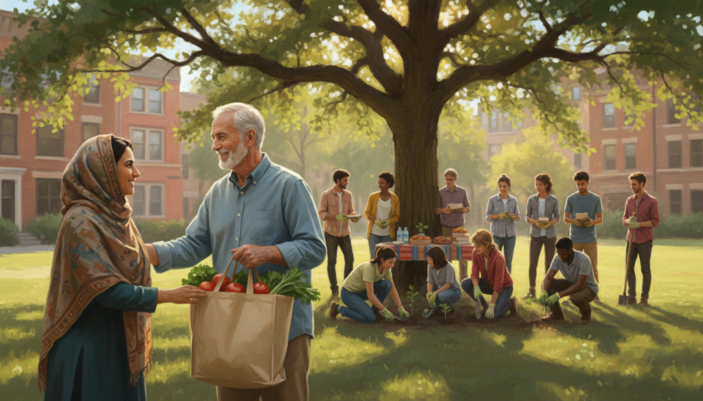 A serene scene depicting a diverse group of individuals engaged in acts of service, set in a tranquil urban park. In the foreground, a woman of Middle-Eastern descent is helping an elderly man with his groceries, both smiling warmly. In the middle ground, a small community gathering takes place, showcasing people planting trees and sharing resources. The background features soft, diffused sunlight filtering through leafy trees, creating a warm and inviting atmosphere. The scene conveys a sense of connection and purpose, emphasizing the themes of service and transcendence in daily life. Use soft focus with natural light, capturing the genuine expressions of the individuals. The overall mood should be uplifting and harmonious, highlighting the beauty of community engagement.