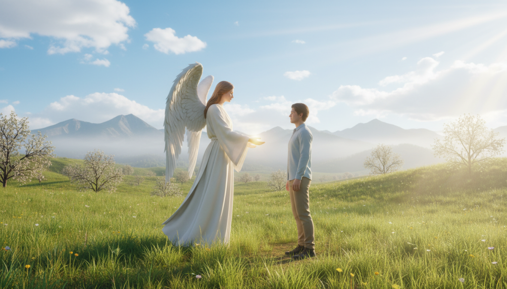 A serene scene depicting a guiding angel amidst a tranquil landscape. In the foreground, the angel, with flowing white robes and gentle wings, extends a hand of kindness towards a person dressed in modest casual attire, their face illuminated with a soft, warm light. The middle ground features lush green fields under a bright, clear sky, symbolizing growth and protection. In the background, subtle mountains rise, enveloped in a gentle mist, conveying majesty and tranquility. Soft golden rays of sunlight filter through the clouds, casting a heavenly glow on the angel and the landscape. The mood is peaceful and uplifting, inviting a sense of connection and guidance from the celestial being. Focused on the warmth of the scene, with a wide-angle perspective to encapsulate the angelic presence.