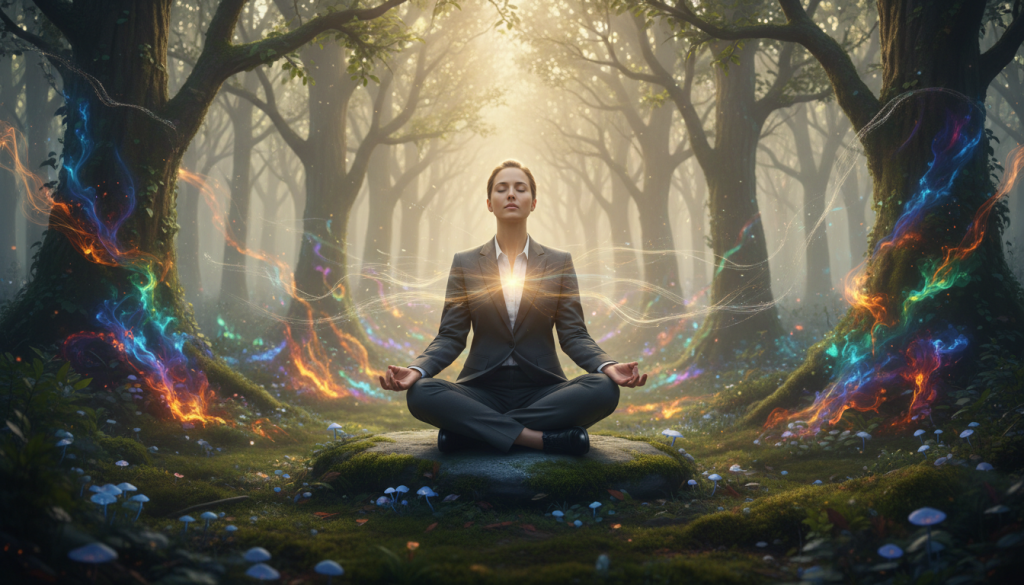 A serene scene depicting a person in professional business attire meditating in a tranquil, ethereal forest illuminated by soft, dappled sunlight filtering through the trees. The foreground features the figure seated cross-legged, radiating a gentle glow that symbolizes the connection to their higher self, with subtle energy waves emanating from them. In the mid-ground, a beautiful blend of vibrant colors represents spiritual energy and cosmic connections, while the background showcases towering, ancient trees and a soft mist that adds depth and a mystical atmosphere. The overall mood should evoke a sense of peace, introspection, and spiritual awakening, captured with a warm, inviting light, evoking clarity and enlightenment. A serene scene depicting a person in professional business attire meditating in a tranquil, ethereal forest illuminated by soft, dappled sunlight filtering through the trees. The foreground features the figure seated cross-legged, radiating a gentle glow that symbolizes the connection to their higher self, with subtle energy waves emanating from them. In the mid-ground, a beautiful blend of vibrant colors represents spiritual energy and cosmic connections, while the background showcases towering, ancient trees and a soft mist that adds depth and a mystical atmosphere. The overall mood should evoke a sense of peace, introspection, and spiritual awakening, captured with a warm, inviting light, evoking clarity and enlightenment.