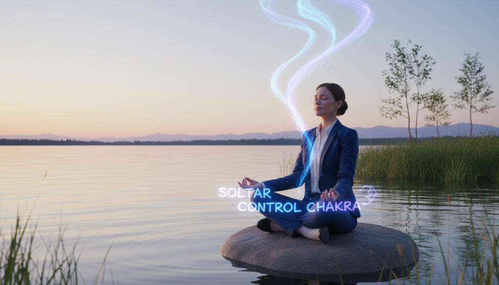 A serene scene depicting a person in professional business attire, sitting cross-legged on a tranquil lakeside at dawn. The individual is meditating, surrounded by a soft glow of blue and violet lights representing the concept of "soltar control chakra." Their hands are raised slightly, palms open, as they release streams of energy that flow upward, dissipating into the sky. In the foreground, gentle ripples reflect the colors of the chakra energy, creating a harmony with nature. The midground features lush greenery, while the background showcases a calm horizon with soft pastel colors reflecting the early morning light. The ambiance is peaceful and uplifting, evoking a sense of balance and liberation. A serene scene depicting a person in professional business attire, sitting cross-legged on a tranquil lakeside at dawn. The individual is meditating, surrounded by a soft glow of blue and violet lights representing the concept of "soltar control chakra." Their hands are raised slightly, palms open, as they release streams of energy that flow upward, dissipating into the sky. In the foreground, gentle ripples reflect the colors of the chakra energy, creating a harmony with nature. The midground features lush greenery, while the background showcases a calm horizon with soft pastel colors reflecting the early morning light. The ambiance is peaceful and uplifting, evoking a sense of balance and liberation.