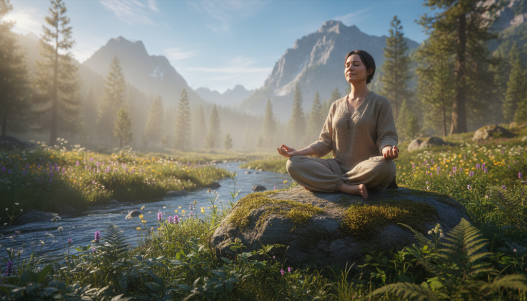 A serene scene depicting a person meditating in nature, focused on inner peace and spiritual transformation. In the foreground, a person dressed in modest, casual clothing sits cross-legged on a mossy rock, surrounded by lush greenery. The middle ground features vibrant wildflowers and softly flowing water, symbolizing the flow of life energy. In the background, majestic mountains rise under a clear blue sky, bathed in warm, golden sunlight that filters through the trees, creating dappled light effects. The atmosphere is tranquil and uplifting, inviting viewers to connect with their spiritual purpose in harmony with nature. Use a soft focus and wide angle to capture the expansive beauty of the setting.