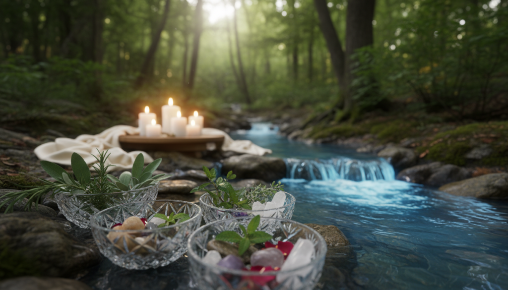 A serene scene depicting a water purification ritual, showcasing a clear, crystal blue water stream flowing gently over smooth stones in a tranquil natural setting. In the foreground, intricate glass and crystal bowls filled with fresh herbs and natural elements surround the water, symbolizing energy cleansing. The middle ground features soft, flowing fabric draped elegantly around a small altar, adorned with candles emitting a warm, soft glow. The background is a lush forest with dappled sunlight filtering through the leaves, creating a calming atmosphere. Use soft, diffused lighting to enhance the tranquility of the scene, captured with a slight tilt-angle lens perspective, evoking a mood of peace and spiritual rejuvenation.