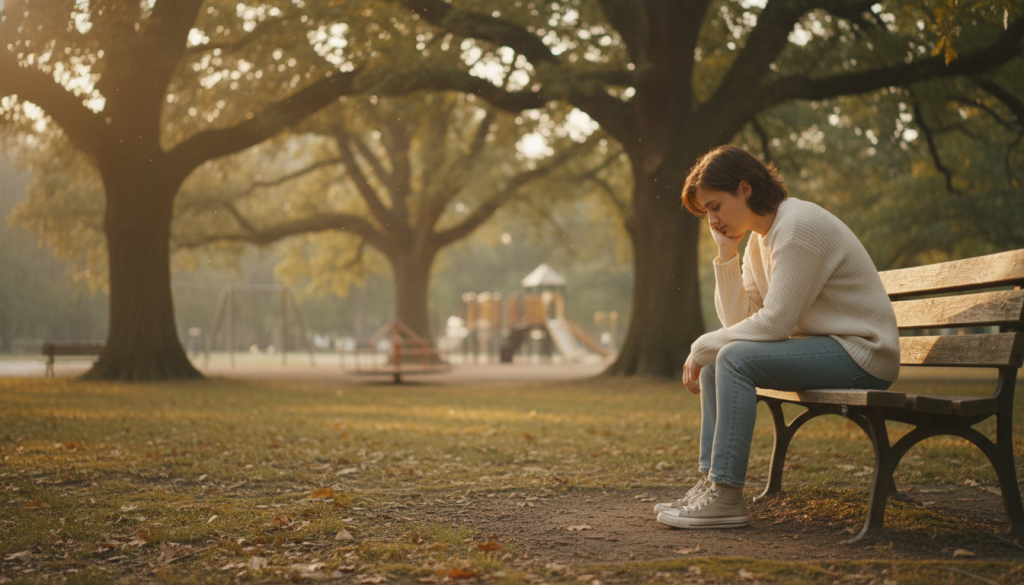 A serene scene depicting a young adult sitting in a peaceful park, reflecting on their past. In the foreground, a contemplative figure wearing modest casual clothing, gazes thoughtfully at the ground, with soft sunlight illuminating their features, highlighting a sense of vulnerability and longing. In the middle ground, lush green trees provide a comforting backdrop, symbolizing growth and healing. The background features a gentle blur of distant playground equipment, evoking childhood memories yet intertwined with feelings of nostalgia and self-compassion. Warm, golden hour lighting casts a soft glow over the scene, creating a calm and introspective mood, inviting viewers to consider the importance of self-kindness in overcoming past challenges. A serene scene depicting a young adult sitting in a peaceful park, reflecting on their past. In the foreground, a contemplative figure wearing modest casual clothing, gazes thoughtfully at the ground, with soft sunlight illuminating their features, highlighting a sense of vulnerability and longing. In the middle ground, lush green trees provide a comforting backdrop, symbolizing growth and healing. The background features a gentle blur of distant playground equipment, evoking childhood memories yet intertwined with feelings of nostalgia and self-compassion. Warm, golden hour lighting casts a soft glow over the scene, creating a calm and introspective mood, inviting viewers to consider the importance of self-kindness in overcoming past challenges.
