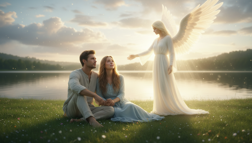 A serene scene depicting emotional healing, featuring a glowing ethereal figure resembling an angelic presence in the foreground, extending a hand towards a man and woman seated on a lush, green grassy area, their expressions reflecting a sense of relief and peace. The background shows a soft sunrise over a tranquil body of water, symbolizing new beginnings. Delicate rays of golden light filter through fluffy clouds, casting a warm glow that enhances the soothing atmosphere. The figures are dressed in modest clothing, and the angelic figure emits a gentle, radiant light, embodying divine guidance. The scene captures a moment of connection and support, evoking a feeling of hope and emotional transformation. Use a soft focus lens with an ethereal filter to convey a dreamlike quality.