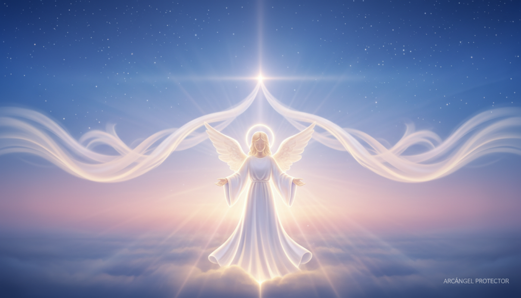A serene scene depicting "luz" as a radiant manifestation of light, embodying purity and guidance. In the foreground, soft beams of warm golden light gently illuminate an ethereal figure, symbolizing the Arcángel Protector, bathed in a celestial glow and dressed in flowing white robes. The middle ground features delicate wisps of luminescent clouds spiraling and intertwining, creating a feeling of connection and communication. In the background, a tranquil sky transitions from soft pastel hues of pink and blue to a deep twilight, sprinkled with stars, evoking a sense of peace and protection. The lighting should be soft and diffused, emphasizing the heavenly and calm atmosphere. The composition should evoke a sense of harmony and spiritual balance, inviting viewers to feel the benefits of constant communication with the divine.