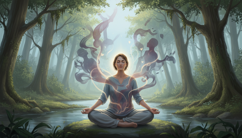 A serene scene depicting "somatic memory" interwoven with elements of emotional trauma. In the foreground, a human figure in modest casual clothing sits cross-legged, eyes closed, surrounded by soft, glowing light, symbolizing healing and introspection. The middle ground features ethereal representations of past wounds, like shadowy figures or abstract shapes that softly blend into the figure’s silhouette, representing the connection between the past and the body. In the background, a tranquil nature setting—a lush forest or a peaceful beach—creates a calming atmosphere, with gentle light filtering through the trees or reflecting on the water. The overall mood is one of deep contemplation and healing, with a harmonious color palette of soft blues and greens, evoking a sense of tranquility and renewal.
