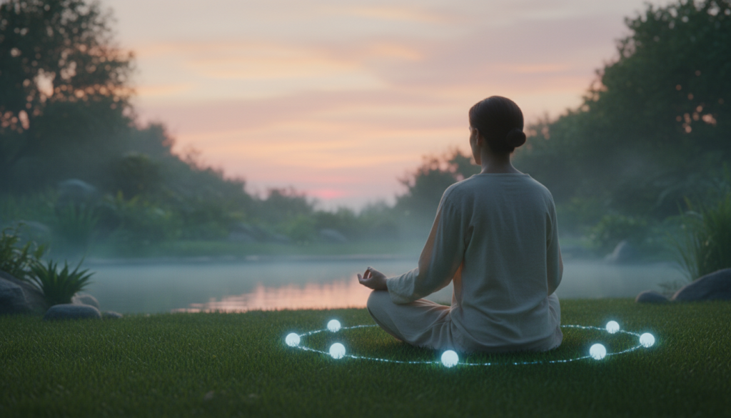 A serene scene depicting spiritual connection and energy flow, centered on a figure in modest, flowing attire, meditating in a tranquil setting. In the foreground, the figure sits cross-legged on a soft, grassy surface, surrounded by softly glowing orbs of light symbolizing energy. The middle ground features lush, vibrant plants and gentle water elements reflecting the calming hues of blue and green, with an ethereal mist rising around them. The background reveals a sunset sky, awash in warm pastel colors, creating a peaceful ambiance. The scene is beautifully lit, with soft, diffused lighting casting gentle shadows, enhancing the meditative mood, while the angle captures both the figure and the surrounding nature harmoniously.