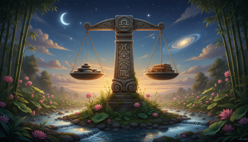 A serene scene depicting the concept of "Karma Equilibrio," featuring a tall, ancient balance scale set in a tranquil natural environment. In the foreground, the scale is adorned with intricate carvings of zodiac symbols, particularly emphasizing Libra, symbolizing balance and harmony. In the middle, gentle streams flow around the base of the scale, representing the flow of karma. Lush greenery and blooming flowers surround the scene, contributing to the feeling of growth and renewal. In the background, softly glowing celestial bodies shimmer in a twilight sky, with hues of deep indigo and soft gold, creating a mystical atmosphere. The lighting is warm and inviting, casting soft shadows that enhance the depth of the scene. Overall, the mood conveys tranquility, introspection, and a deep connection to the universe. A serene scene depicting the concept of "Karma Equilibrio," featuring a tall, ancient balance scale set in a tranquil natural environment. In the foreground, the scale is adorned with intricate carvings of zodiac symbols, particularly emphasizing Libra, symbolizing balance and harmony. In the middle, gentle streams flow around the base of the scale, representing the flow of karma. Lush greenery and blooming flowers surround the scene, contributing to the feeling of growth and renewal. In the background, softly glowing celestial bodies shimmer in a twilight sky, with hues of deep indigo and soft gold, creating a mystical atmosphere. The lighting is warm and inviting, casting soft shadows that enhance the depth of the scene. Overall, the mood conveys tranquility, introspection, and a deep connection to the universe.
