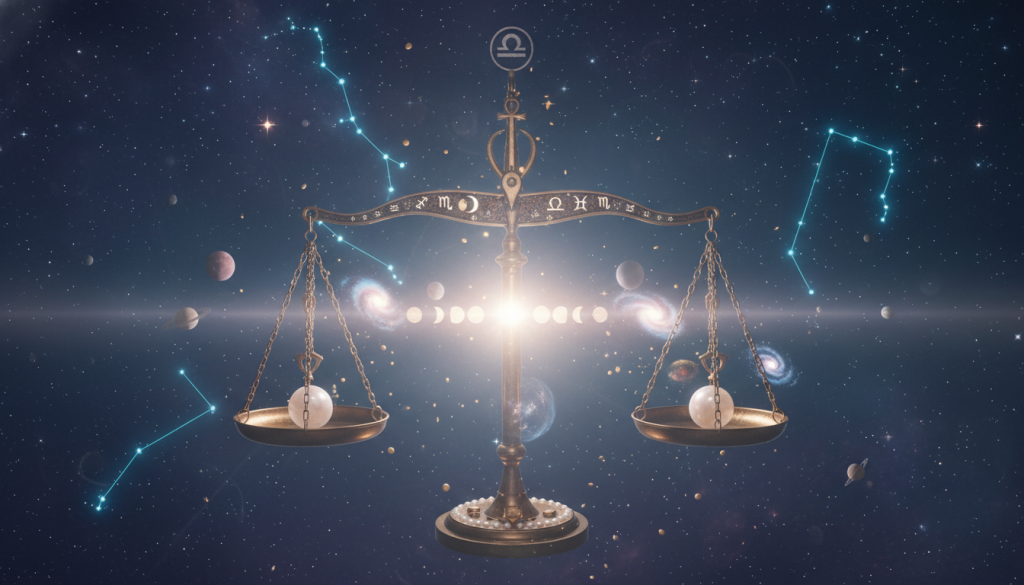 A serene scene depicting the concept of "Libra equilibrio" in a balanced cosmic setting. In the foreground, a beautifully detailed pair of scales balanced perfectly, surrounded by astrological symbols, evoking harmony and equilibrium. The middle layer features a soft, ethereal glow emanating from the scales, reflecting celestial elements like stars and planets. In the background, a tranquil night sky filled with shimmering constellations, particularly the Libra constellation, adds depth. The lighting is gentle and ambient, creating a dreamlike atmosphere, as if we are peering into a mystical realm. The composition captures a sense of calm and introspection, ideal for exploring themes of balance and harmony.