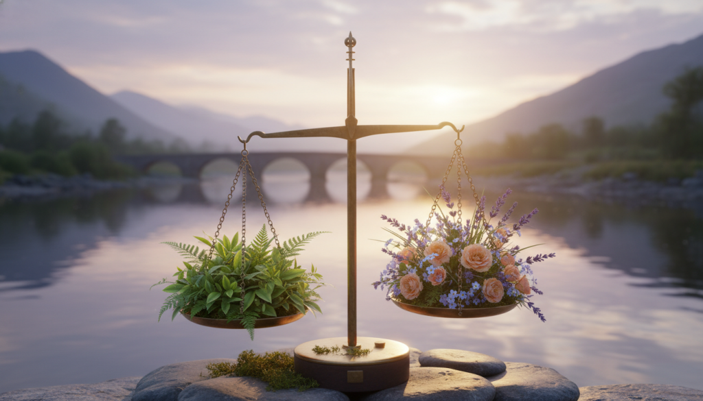 A serene scene depicting the concept of "equilibrio signo." In the foreground, symbolically balanced scales featuring lush foliage on one side and delicate flowers on the other, representing the harmony of nature. In the middle ground, a tranquil river flows gently, reflecting the soft pastel hues of a sunset sky with hints of lavender and orange. The background showcases distant mountains softly blurred, creating a sense of depth and tranquility. Soft, diffused lighting adds a warm glow to the scene, evoking a feeling of calm and balance. The overall atmosphere is peaceful and contemplative, inviting the viewer to reflect on the pursuit of equilibrium in life and relationships.