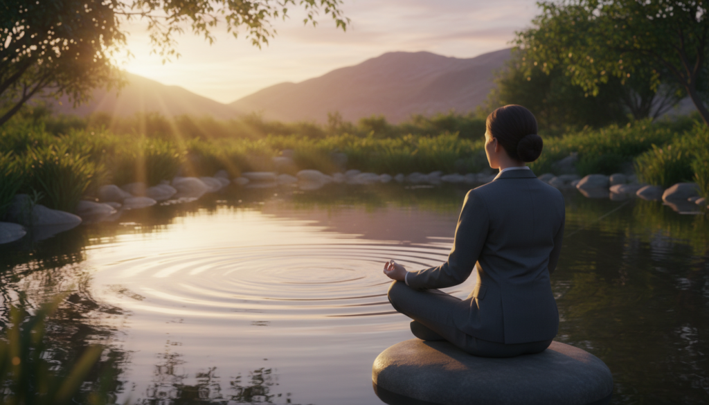 A serene scene depicting the concept of "equilibrio," symbolizing the balance between mind and emotions. In the foreground, a gentle figure sits cross-legged on a smooth stone, radiating calmness, clad in professional business attire that exudes confidence. The middle ground features a tranquil pond reflecting the sky, with delicate ripples symbolizing emotional balance. Ethereal light filters through lush greenery surrounding the pond, creating an atmosphere of harmony and peace. In the background, soft mountains rise under a warm sunset sky, suggesting inner strength and stability. The overall mood is one of tranquility and introspection, evoking a sense of equilibrium and self-discovery, captured from a slightly elevated angle to emphasize the peaceful composition.