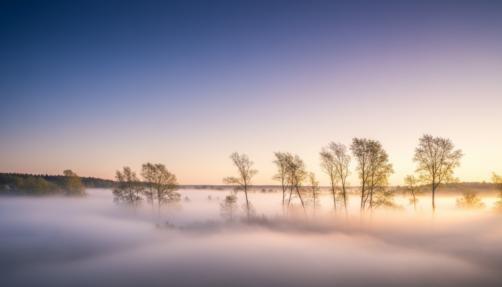 A serene scene depicting the essence of the air element, emphasizing ethereal and delicate qualities. In the foreground, gentle wisps of translucent clouds, softly illuminated by a golden sunrise, weave through a tranquil landscape. The middle ground features graceful trees swaying lightly, their leaves shimmering as if caught in a gentle breeze. In the background, an expansive sky fades from deep blue to soft pastels, creating a dreamy atmosphere. The lighting is soft and diffuse, enhancing the tranquility of the moment. The overall mood is one of calm, refreshing energy, symbolizing the adaptability and lightness associated with the air element. The composition is balanced and harmonious, inviting viewers to connect with the inspiration of nature's breath.