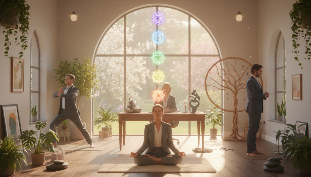 A serene scene depicting the integration of chakras in daily life, featuring a diverse group of individuals in professional business attire, seated in a tranquil indoor space filled with natural light. In the foreground, a woman mediates in a peaceful pose, with soft, colorful chakra symbols glowing above her. The middle layer showcases a few people engaged in activities like yoga, journaling, and practicing mindfulness, surrounded by plants and gentle, uplifting decor. The background reveals a large window allowing daylight to pour in, illuminating the space with a warm ambiance. The overall atmosphere is harmonious and inspiring, evoking a sense of balance and tranquility, inviting viewers to reflect on their own energy alignment.