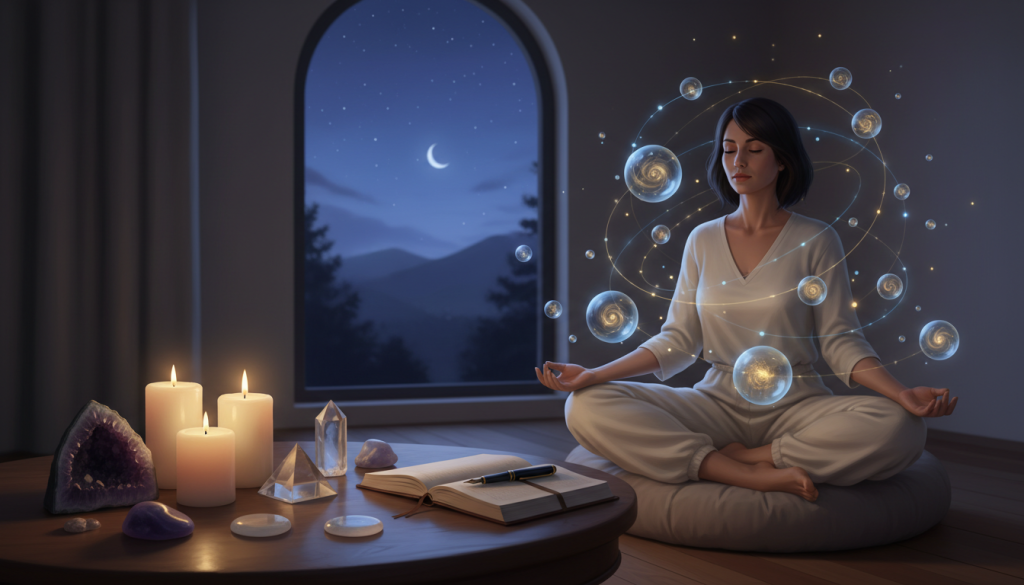 A serene scene depicting the ritual of intention manifestation. In the foreground, a polished wooden table displays a collection of candles, crystals, and a journal, symbolizing focus and clarity. Soft, warm candlelight illuminates the scene, creating a peaceful ambiance. In the middle ground, a person dressed in modest, professional attire sits cross-legged in a meditative pose, hands gently resting on their knees. They are surrounded by ethereal, swirling energy orbs that represent thoughts and intentions, glowing softly in shades of blue and gold. In the background, a window reveals a twilight sky filled with stars, enhancing the mystical atmosphere. The overall mood is calm and reflective, inviting viewers to engage in deep contemplation and connection with their inner selves.