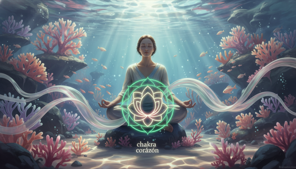 A serene scene featuring a "chakra corazón," symbolizing the heart chakra. In the foreground, a glowing heart chakra symbol radiates vibrant green and pink hues, surrounded by gentle waves of energy. In the middle ground, a tranquil figure meditating with eyes closed, dressed in simple, modest clothing, embodies tranquility and connection to the spiritual realm. The background unveils a dreamy underwater landscape, where soft coral formations and luminous fish float gracefully, enhancing the sense of peace and harmony. Soft, dappled light filters through the water, creating a calming ambiance. The composition is shot from a slightly elevated angle, evoking a sense of divine connection and introspection. The overall atmosphere is one of serenity and balance, inviting viewers to explore their spiritual depth.