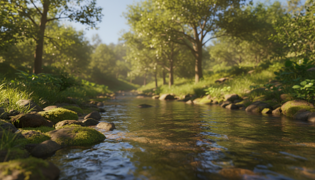 A serene scene featuring a clear, flowing stream of water surrounded by lush greenery, symbolizing healing and prosperity. In the foreground, smooth stones line the banks of the stream, partially covered in soft moss, reflecting dappled sunlight. The middle ground showcases gentle ripples on the surface of the water, inviting tranquility and reflection. In the background, tall trees frame the scene, their leaves shimmering in the golden hour light, creating an ethereal atmosphere. Sunlight filters through, casting a warm glow and enhancing the peaceful mood. Capture this image with a soft focus and a slightly elevated angle, immersing the viewer in a calming, natural oasis that embodies the essence of water as a healing tool.