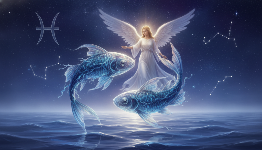 A serene scene illustrating the zodiac sign Pisces as a mystical guide. In the foreground, two ethereal fish swim gracefully, their scales glimmering with shades of blue and silver, symbolizing the duality of Pisces. In the middle ground, a radiant figure representing the Archangel, adorned in flowing white robes, exudes an aura of calmness and wisdom, with delicate wings softly illuminated. The background features a starlit sky filled with shimmering constellations, casting a tranquil glow, and gentle waves reflecting the moonlight add to the soothing atmosphere. The lighting is soft and warm, creating a dreamlike quality, while the angle captures a slightly elevated view, emphasizing both the fish and the angelic figure in harmonious unity.