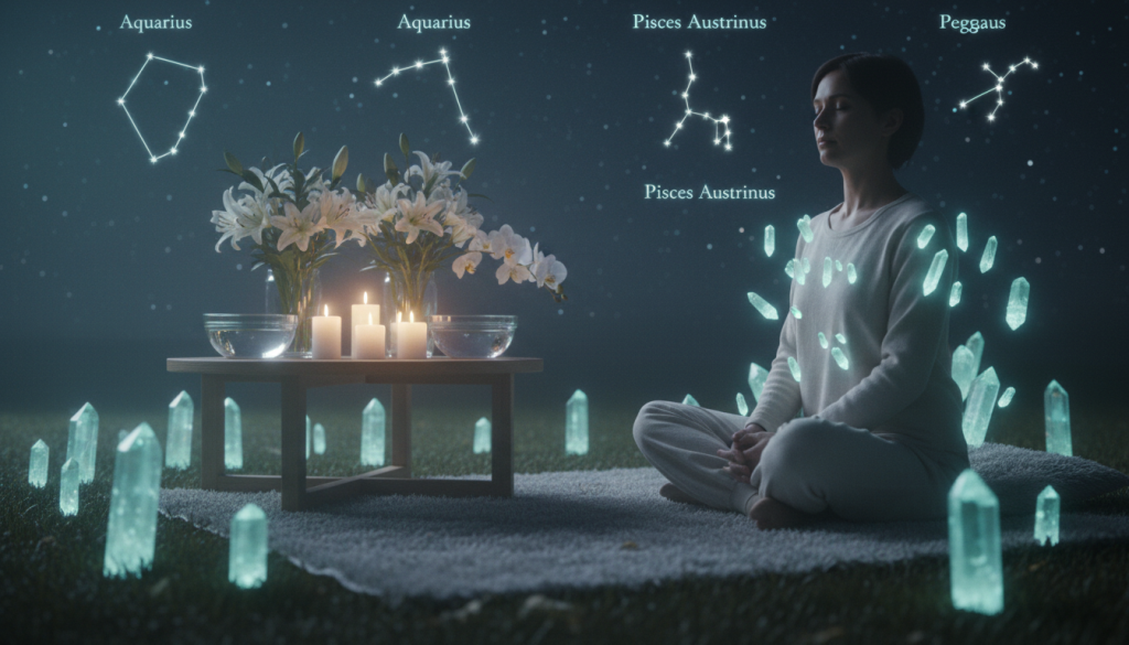 A serene scene portraying a ritual for the Aquarius zodiac, emphasizing energy enhancement. In the foreground, place a peaceful individual in modest casual attire, seated cross-legged on a soft mat, surrounded by ethereal crystals glowing softly in shades of blue and turquoise. In the middle ground, include a small table adorned with candles, water bowls, and fresh flowers representing Aquarian traits, particularly orchids and lilies. In the background, a tranquil, starlit sky with zodiac constellations shining down subtly casts a magical glow. Use soft, ambient lighting to create a harmonious and calming atmosphere, focusing on natural shadows. Incorporate a slight depth of field to draw attention to the ritual elements while maintaining a dreamy overall aesthetic, inviting the viewer into this moment of spiritual connection.